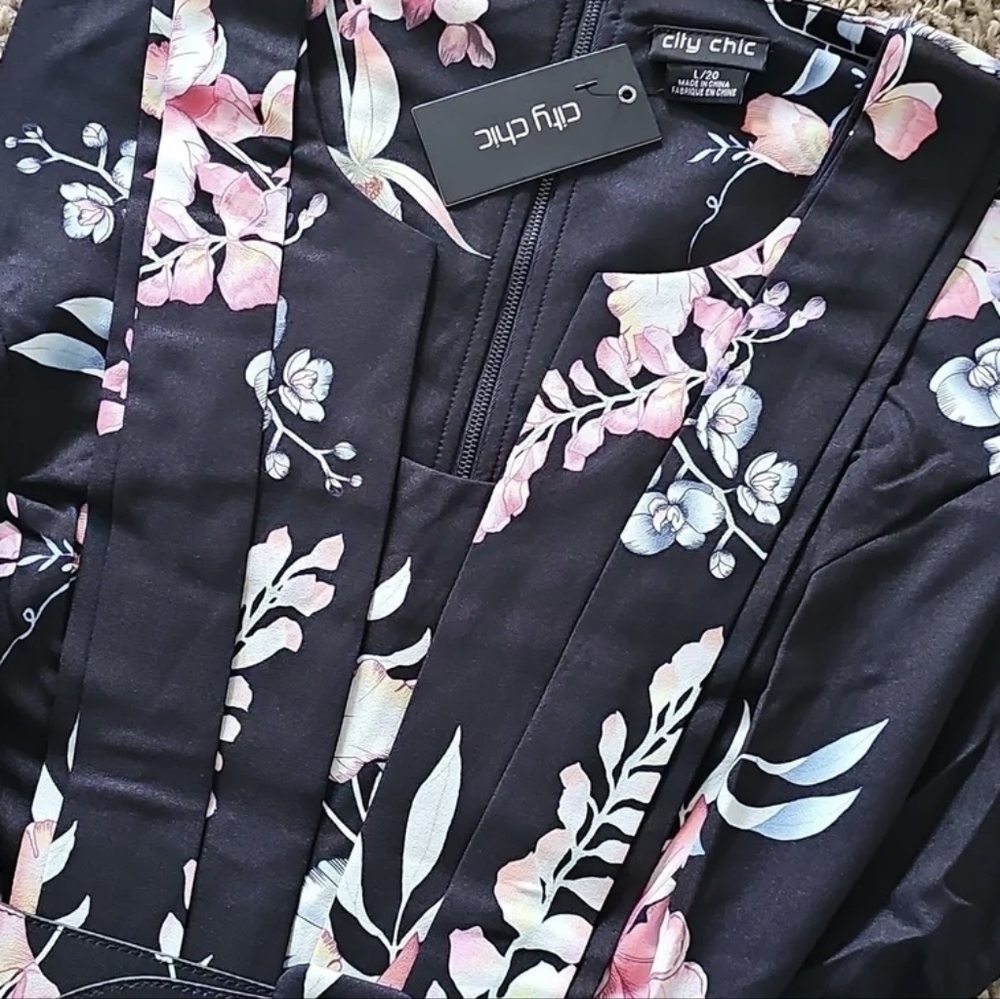 City Chic Sleeveless Black Floral Belted Jumpsuit, City Chic Size L=Size 20, NWT - Picture 3 of 7